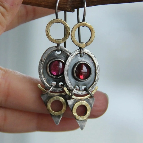 Retro Dangle Earrings Alloy Antique Silver Brass Tone With Red Stone Geometric Triangular Oval Hollow Ethnic Gypsy Style