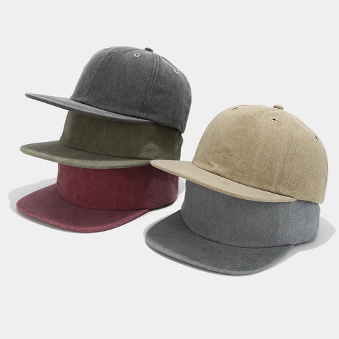 Retro Washed Cotton Flat Brim Baseball Cap Solid Color Snapback Hat For Men Women Adjustable
