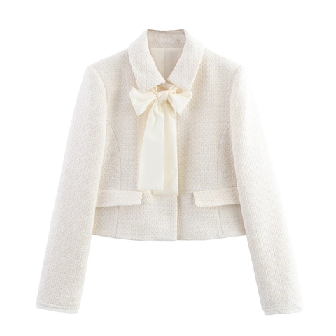 Tweed Long Sleeve Short Jacket With Large Bow And Matching A-Line Skirt Elegant Sweet Vintage Milky White Outfit For Women