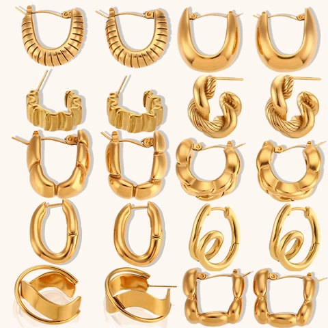 Chunky Hoop Oorbellen 18K Verguld Roestvrij Staal Geometrisch Gedraaid Getextureerd Minimalistisch Mode Sieraden