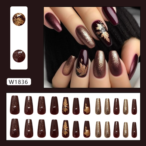 Golden Amber Maple Leaf Press On Nails Coffin Ballet False Nails Glossy Deep Wine Red Glitter ABS Plastic