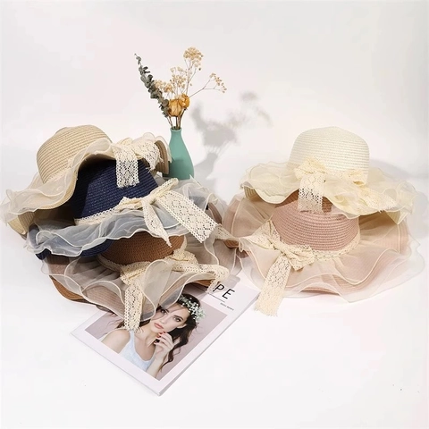 Straw Sun Hat For Women Wide Brim UV Protection Foldable Elegant Organza Lace Bow Summer Beach Holiday
