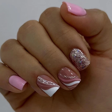 Uñas Postizas De Presión Estilo Francés Rosa Blanco Patrón De Ondas Brillo Dulce Decoración De Manicura Para Mujeres Niñas