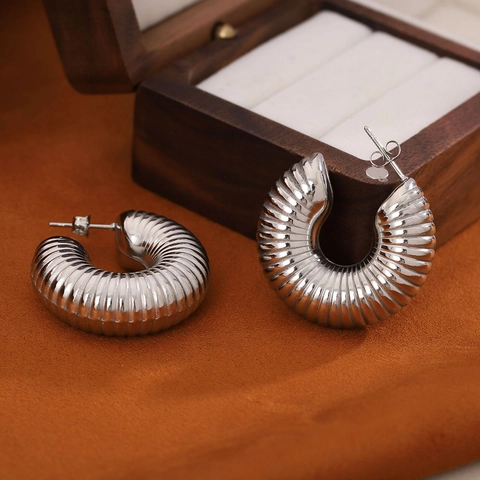 Stainless Steel Hoop Earrings Threaded Ribbed Croissant Vintage Fashion Jewelry For Women