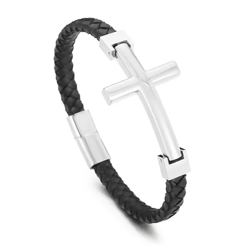 Bracciale In Pelle Intrecciata Con Ciondolo A Croce In Acciaio Inossidabile Chiusura Magnetica Stile Etnico Da Uomo