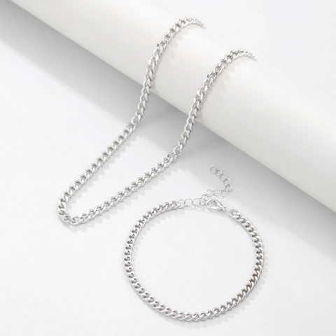 Collana e Bracciale a Maglia Cubana in Metallo Argentato da Uomo Minimalista Hip Hop Punk Catena Spessa Gioielli da Festa