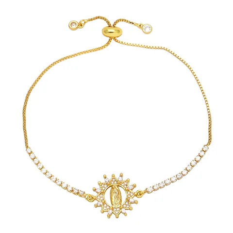 Pulsera Ajustable De Deslizamiento Cobre Bañado En Oro 18K Colgante Virgen María Corazón Circonita Colorida Joyería Religiosa