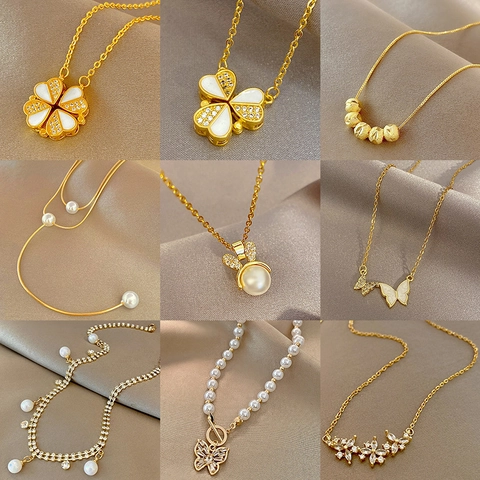 Edelstahl Halskette Herz Schmetterling Anhänger Künstliche Perlenimitation Zirkonia Muschel Inlaid Minimalistischer Modeschmuck