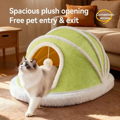 Cama Tienda Para Gatos Semicerrada Nido De Felpa Cálido Casa De Invierno Engrosada Cama Plegable Verde