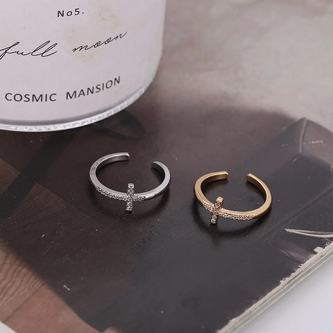 Cross Offener Ring Für Frauen Kupfer Micro Pave Zirkonia Verstellbarer Minimalistischer Eleganter Schmuck