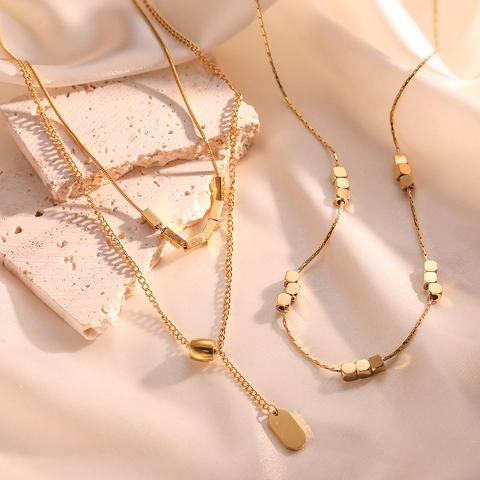 Collier En Acier Titane Femme Plaqué Or 18K Perles Cubes Géométriques Minimaliste Pendentif Bijoux Mode