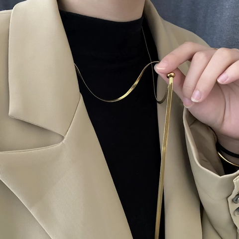 Titanium Steel Herringbone Snake Chain Necklace Long Adjustable Slider Bead Minimalist Sweater Chain For Women