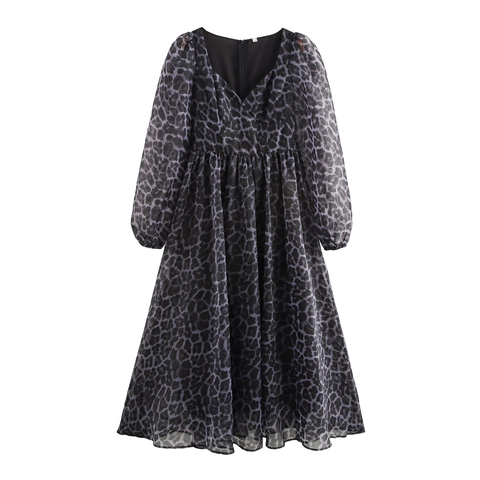 Robe Longue À Imprimé Léopard Style Rétro Français Col Carré Manches Longues Organza Taille Haute Élégante
