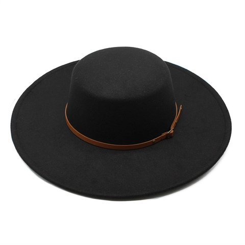 Flat Top Fedora Hat Wide Brim Cotton Polyester Blend Felt With Leather Belt Buckle Vintage British Style Unisex