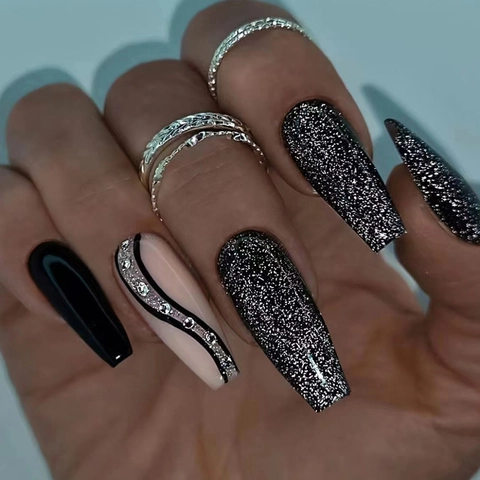 Unghie Finte Lunghe A Bara Con Glitter Neri E Strass Motivo A Onde Unghie Artificiali Per Donne
