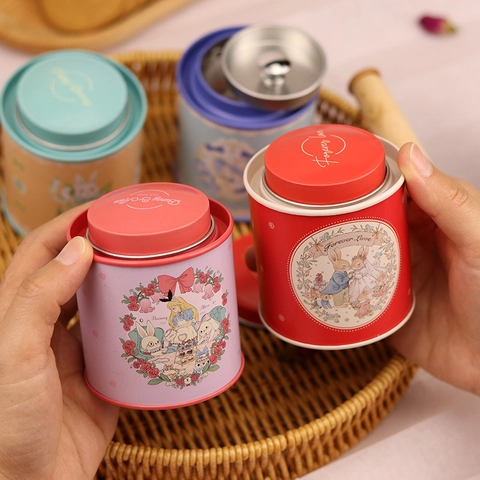 Round Tinplate Tea Tin Metal Storage Jar Dual Lid Cartoon Bunny Floral Panda Patterns Alice Theme Portable Candy Case