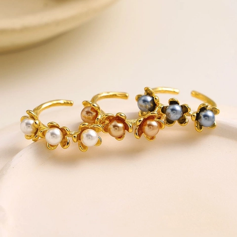 Luxury Stainless Steel Artificial Pearl Flower Open Ring For Women Adjustable Floral Finger Ring Elegant Fashion Jewelry Wedding Party Gift
