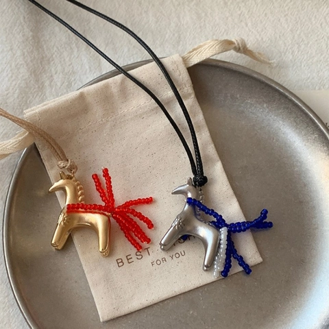 Collar Con Colgante De Caballo Pony Creativo Con Cordón Encerado Y Cuentas De Aleación De Colores Joyería Estilo Ins Para Mujeres