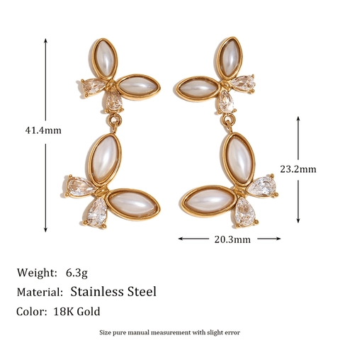 Vlinder Hangende Oorbellen Roestvrij Staal 18K Verguld Zirkoon Kunstparel Vintage Ins Stijl Mode Sieraden Voor Dames