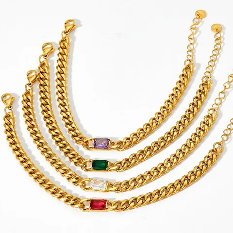 Bracciale A Catena Cubana In Acciaio Inossidabile Con Pietra Di Zircone Rettangolare Placcato Oro Gioielli Alla Moda Per Donna