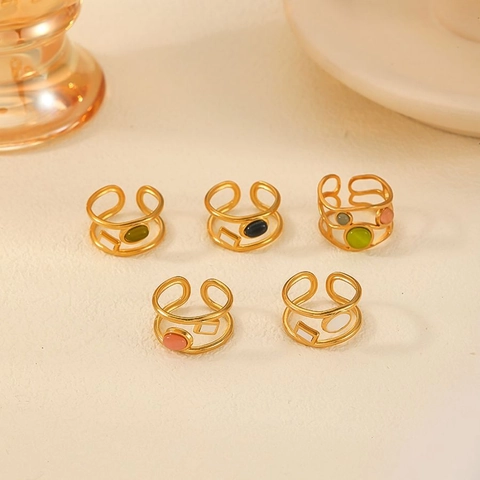 18K Gold Plated Stainless Steel Open Rings For Women Geometric Artificial Stone Enamel French Retro Light Luxury Jewelry