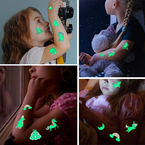 Carta Trasferimento Acqua Tatuaggi Temporanei Luminosi Bambini Adesivi Impermeabili Cartoni Animati Dinosauro Unicorno Spazio