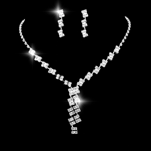 Silver Plated Rhinestone Necklace Earrings Bracelet Elegant Y-Shaped Square Zircon Bridal Wedding Banquet Jewelry