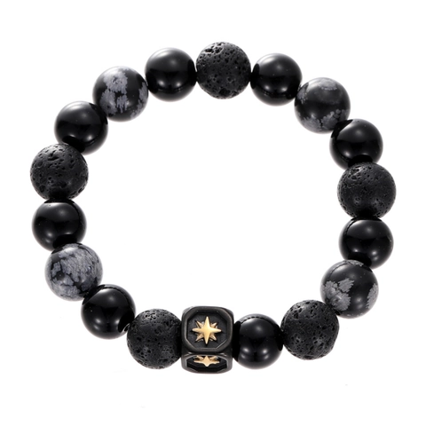 Bracciale Di Perline Agata Nera Ossidiana Fiocco Di Neve Pietra Lavica Con Ciondolo Stella In Acciaio Al Titanio Per Uomo
