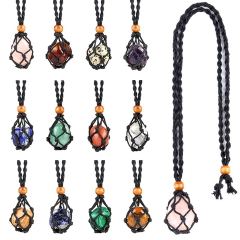 Collana Pendente In Pietra Naturale Fatta A Mano Sacchetto In Rete Intrecciata Con Perline Di Legno Stile Etnico
