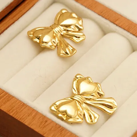 Bowknot Stud Earrings With Stainless Steel Earring Post 18K Gold Plated Heart Jewelry For Women Cute Minimalist Style