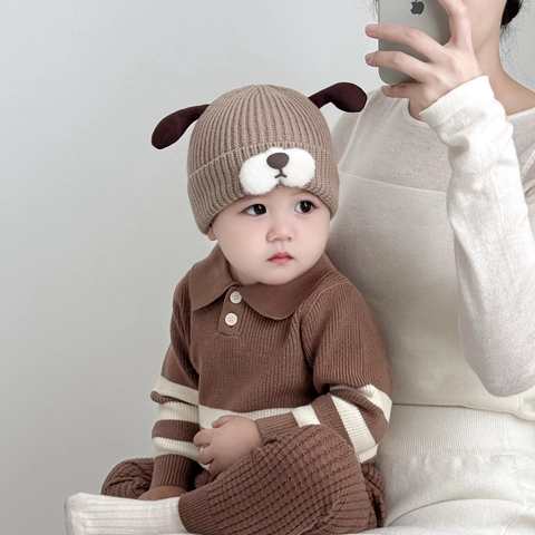 Bonnet Tricoté Bébé Motif Oreilles De Chien Chaud Hiver Beanie En Acrylique Pour Nourrisson Protection Oreilles