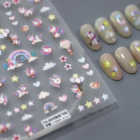 Embossed 5D Nail Art Stickers Unicorn Rainbow Heart Pattern Thin Adhesive Decals Glitter Cartoon Nail Jewelry