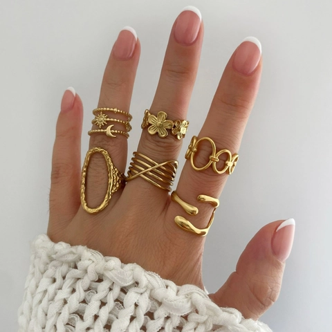 Anillos Ajustables Chapado En Oro De 18K Acero Inoxidable 316L Impermeable Geométrico Floral Luna Estrella Para Mujeres