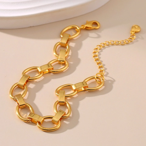 18K Gold Plated Copper Link Chain Bracelet Retro Geometric Chunky Minimalist Jewelry With Extension Chain