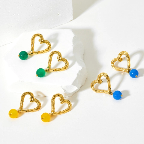 Boucles D'oreilles Pendantes En Cœur Acier Inoxydable Texture Martelée Creuse Perles D'agate Colorées Bijoux Pour Femmes