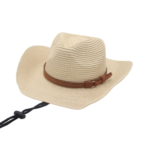 Western Cowboy Straw Hat Raffia Weave Sun Protection Beach Vacation Wide Brim Adjustable Windproof Cord Faux Leather Band