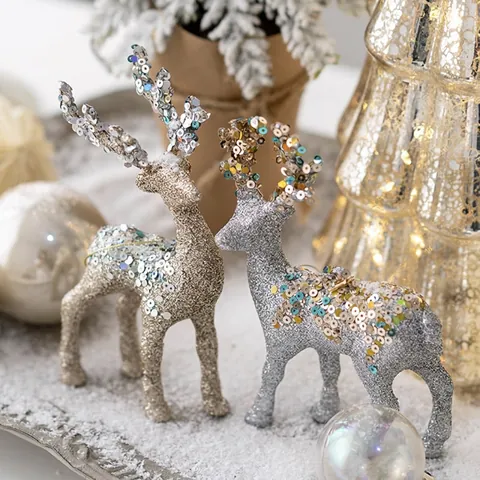Christmas Reindeer Ornaments Flocked Deer Pendant With Glitter Antlers Festive Holiday Desktop Decor Standing Reindeer