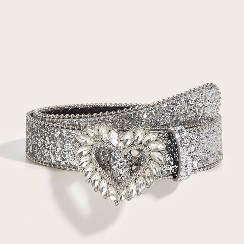 Women Fashion PU Leather Sequin Belt With Heart Rhinestone Buckle Silver Sparkle Waist Belt For Jeans Accessories