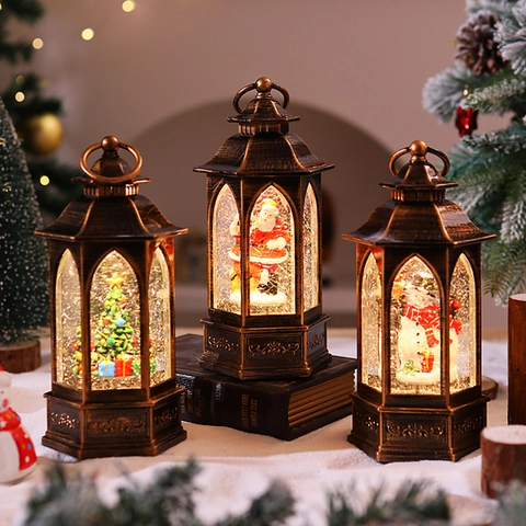 Weihnachts Laterne Schneekugel LED Beleuchtet Glitzer Wirbel Weihnachtsmann Schneemann Retro Bronze Dekoration Geschenk