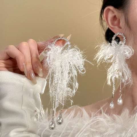 Bowknot Tassel Dangle Earrings Alloy Zircon Faux Artificial Pearl Water Drop Charm With Silver Earring Post Elegant Glamorous Women