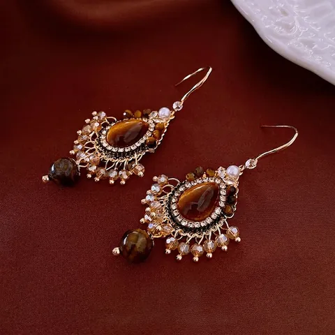 Vintage Tiger Eye Stone Dangle Earrings Zircon Rhinestones And Faux Artificial Pearl Accents Retro Maillard Style For Women