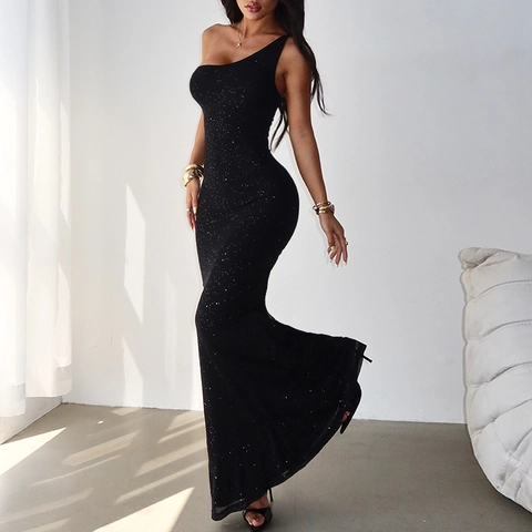 Einschultrige Pailletten Abendkleid Rückenfrei Bodycon Meerjungfrau Maxikleid Sexy Ärmellos Formelle Party Bankett