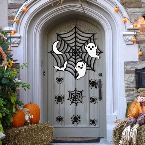 Halloween Hängedekoration Glitzer Papier Spinnennetz Geist Fledermaus Türschild Für Spukhaus Party Requisiten Horror