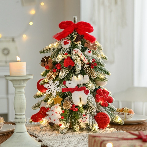 Mini Albero Di Natale Da Tavolo Con Luci LED Innevato PVC Base In Legno Ornamenti In Feltro Decorazione Casa