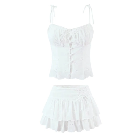 Top A Spalline E Gonna Con Volant Da Donna In Cotone Bianco Ricamo Traforato Moda Estate Spiaggia