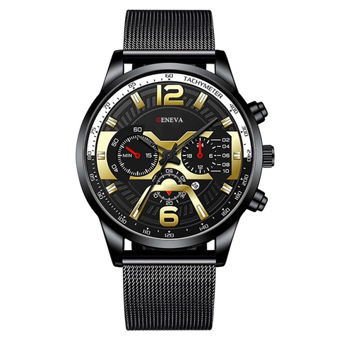Men Quartz Watch Fashion Business Calendar Luminous Metal Mesh Band Minimalist Round Dial Analog Sporty Wristwatch
