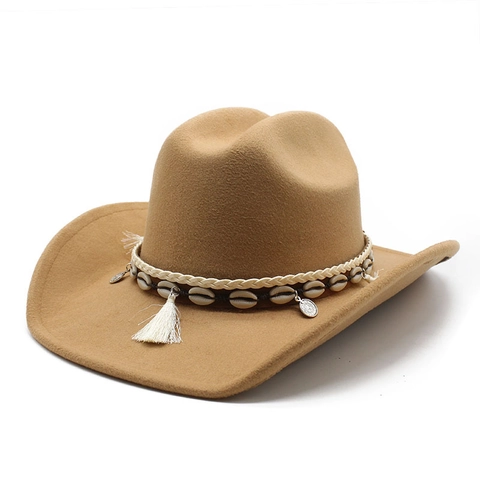 Δυτικό Καπέλο Καουμπόη Με Φαρδύ Γείσο Fedora Με Κοχύλια Και Φούντα Μποέμ Έθνικ Στυλ