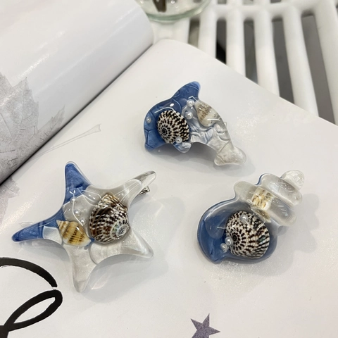 Fresco Fermaglio per Capelli in Resina Stile Oceano Con Conchiglia Naturale Perla Artificiale Stella Marina Delfino Clip a Becco d'Anatra Donna