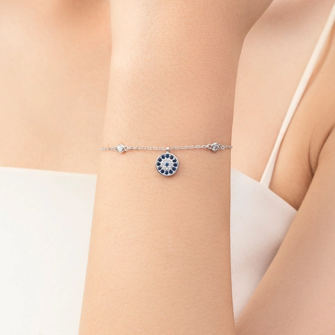 Evil Eye Round Pendant Bracelet 925 Sterling Silver With Blue White Zirconia Adjustable Chain For Women