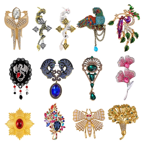 Vintage Zinc Alloy Rhinestone Animal Flower Brooch Pin For Women Elegant Enamel Artificial Pearl Banquet Party Jewelry